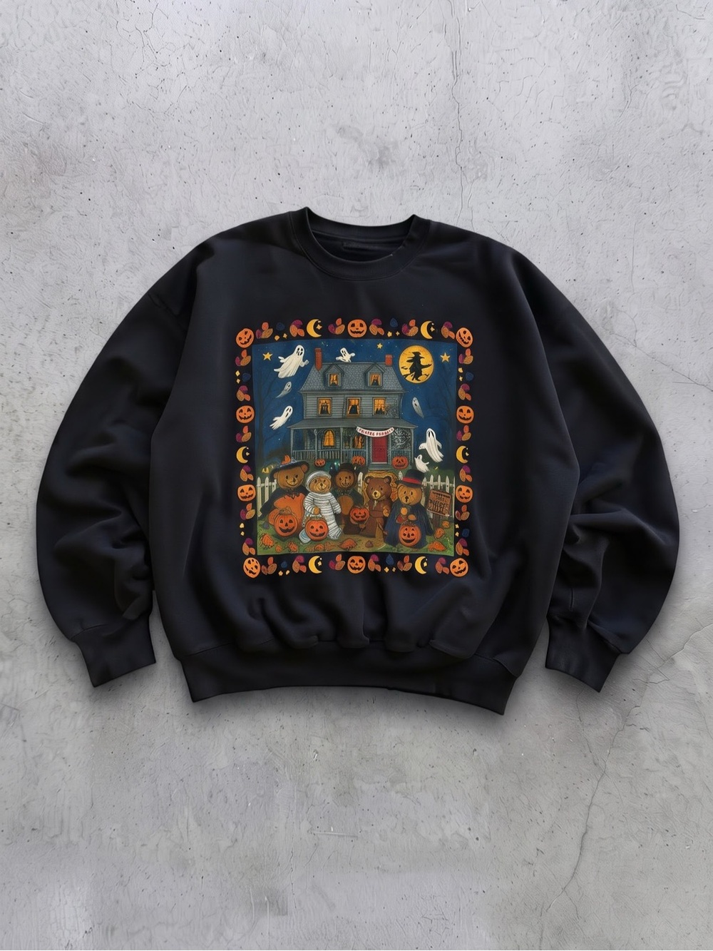 Gildan Black Halloween Crewneck Sweater
with Haunted House Graphic